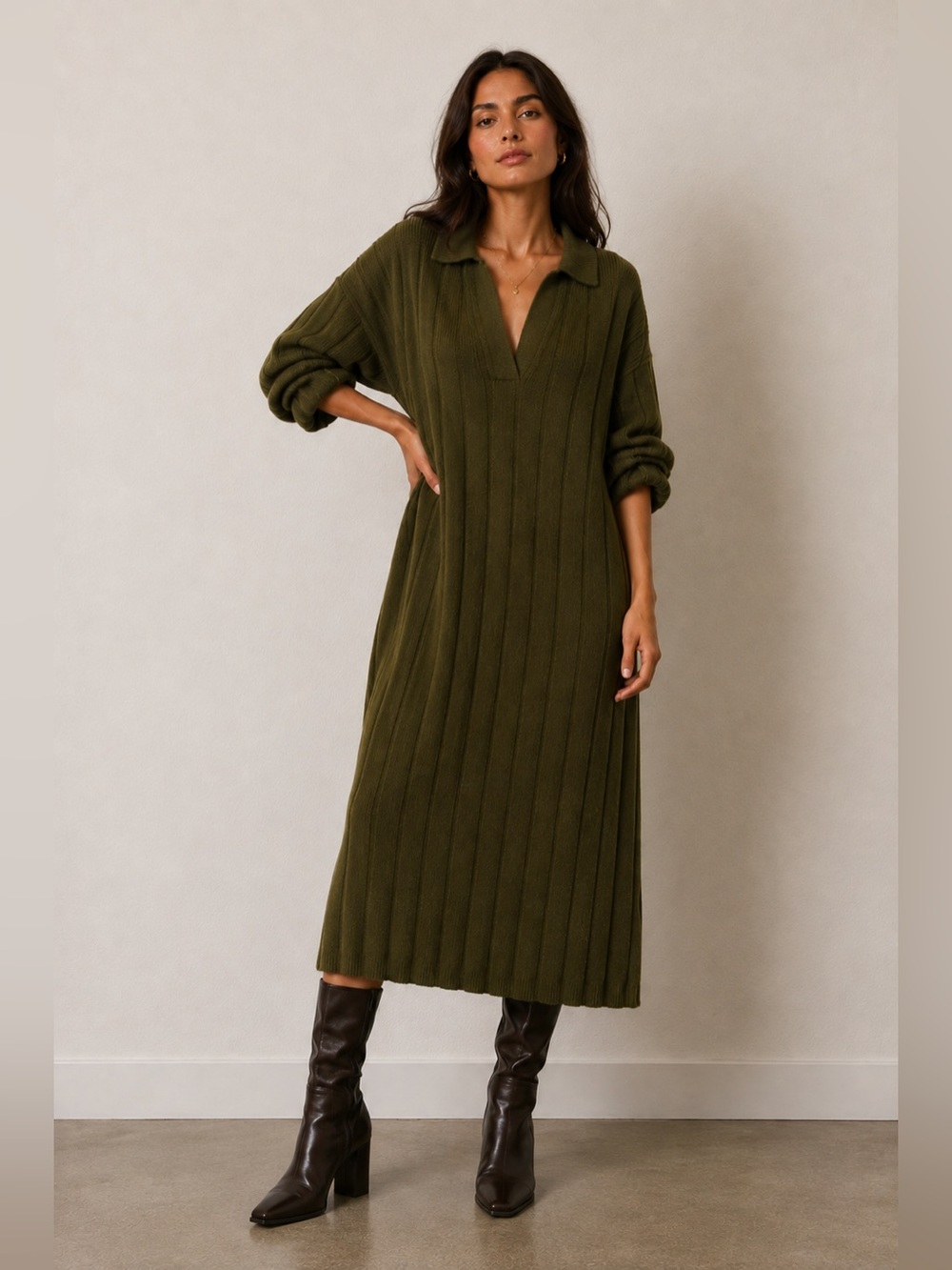 Moon River Olive Green Oversized Ribbed Soft Knit Midi Dress Anthropologie NWT M